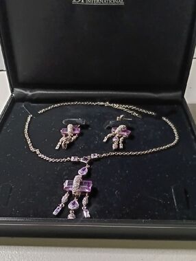 Silver-Tone Amethyst Crystal Pendant Necklace with Matching Earrings